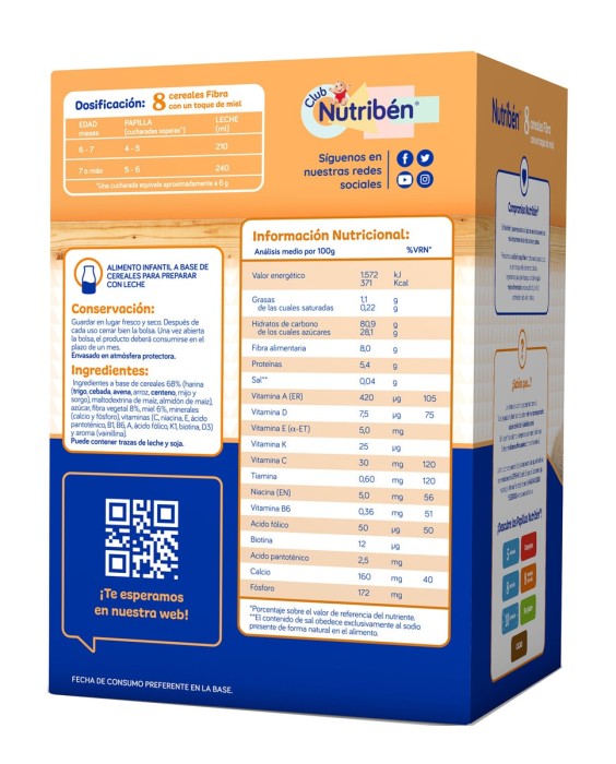Papilla de 8 cereales y miel fibra Nutribén®