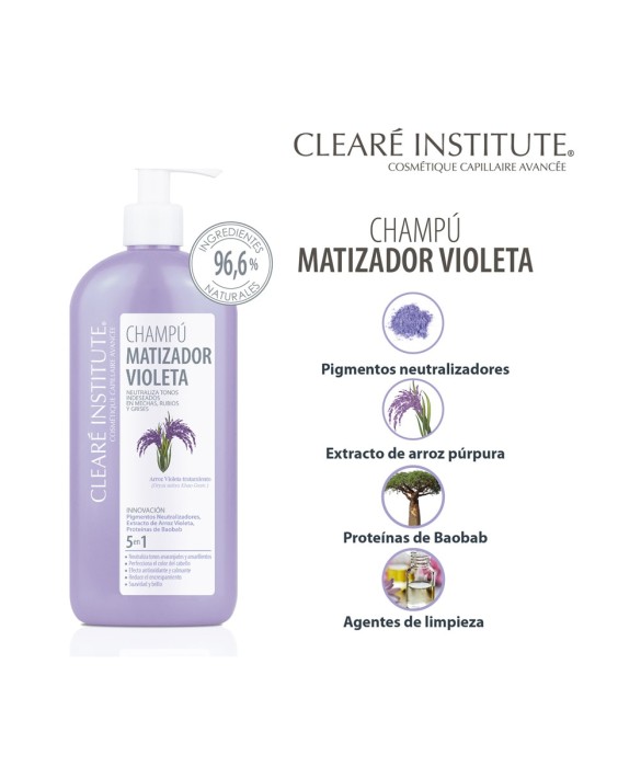 Champú Matizador Violeta Para Cabello Rubio, Con Mechas Y Grises 400 ml Clearé Institute