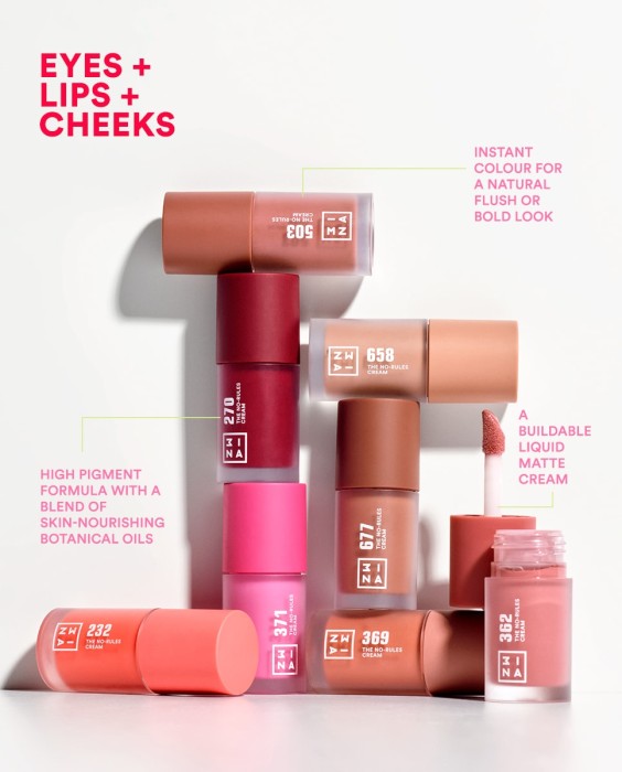 Crema de color líquida, mate y multiusos para ojos labios y mejillas The No-Rules Cream 3INA