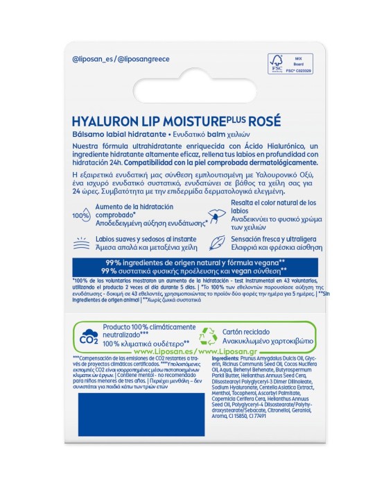 Bálsamo Labial Hyaluron Lip Moisture Plus Rosé 5,2 Gr Liposan