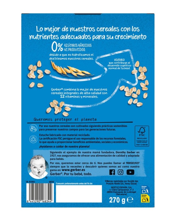 Papilla Multicereales 0 % Azúcares Añadidos ni Producidos Desde 6 Meses 270 g Gerber