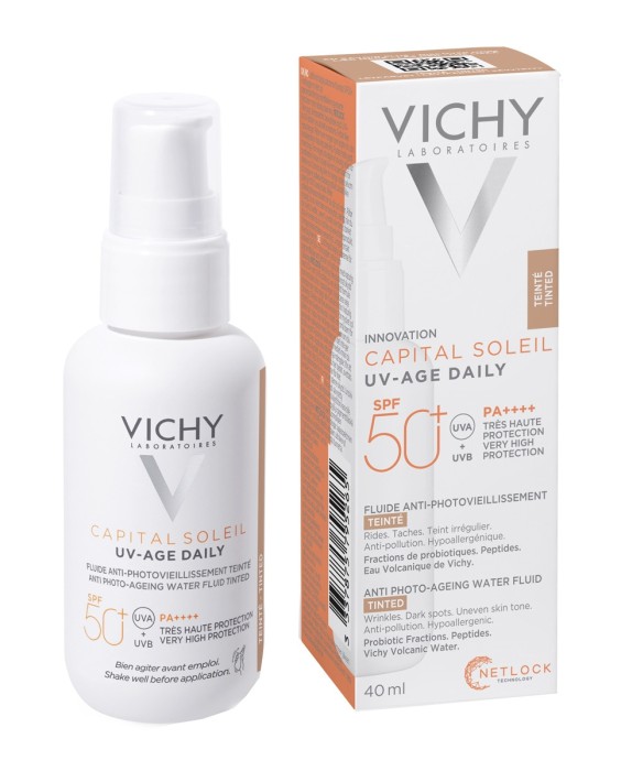 Protector solar UV-AGE Daily con Color Water Fluid Antifotoenvejecimiento UVB SPF50+ UVA Vichy